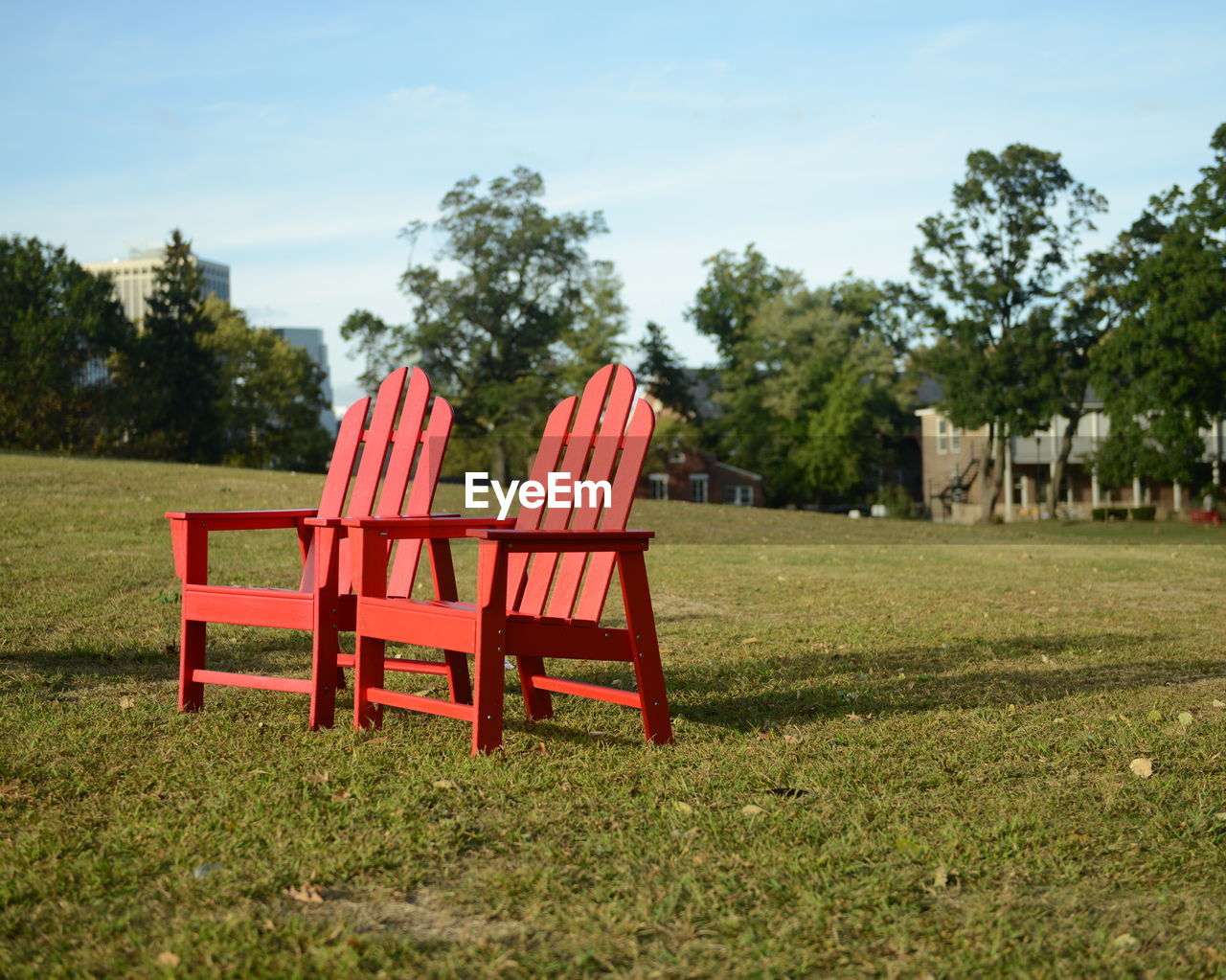 Two red adirondack chairs on grassland against trees