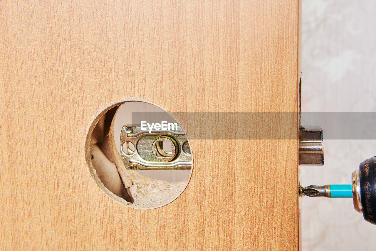 wood, indoors, no people, close-up, door handle, metal, technology