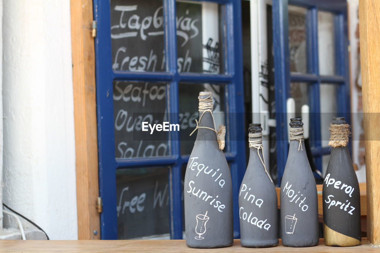 Close-up of bottles on table