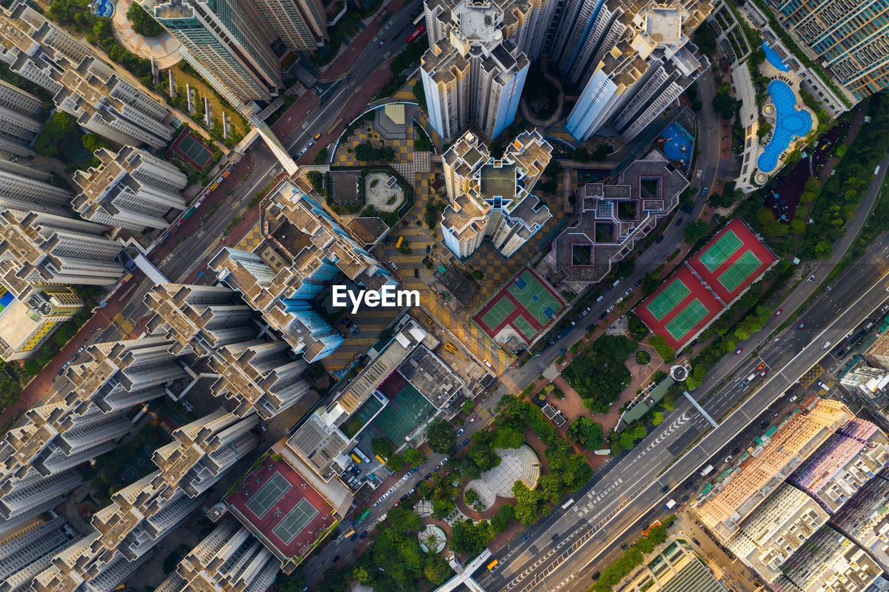 Arial view of modern buildings and road in city