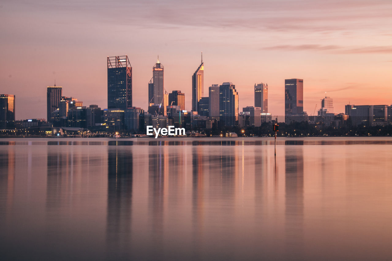 Modern cityscape at sunset