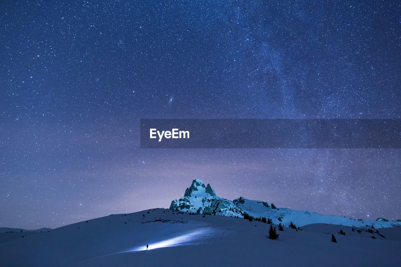 Scenic view of snowcapped mountains against sky at night