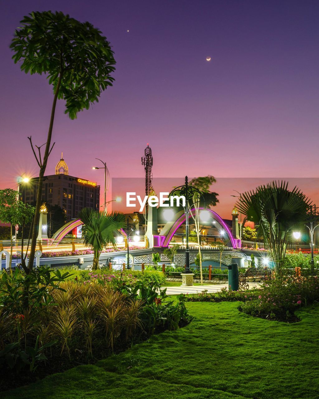 ILLUMINATED PARK BY BUILDINGS AGAINST SKY