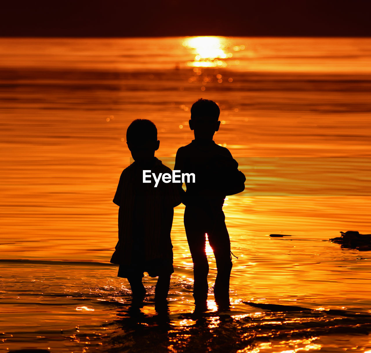 Silhouette children standing in water on shore at beach