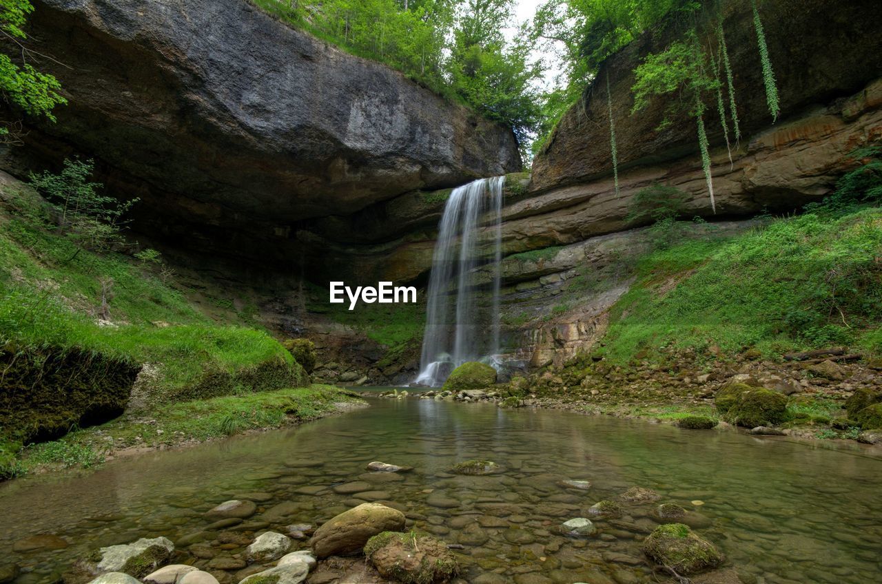 Water falling from rocks in forest