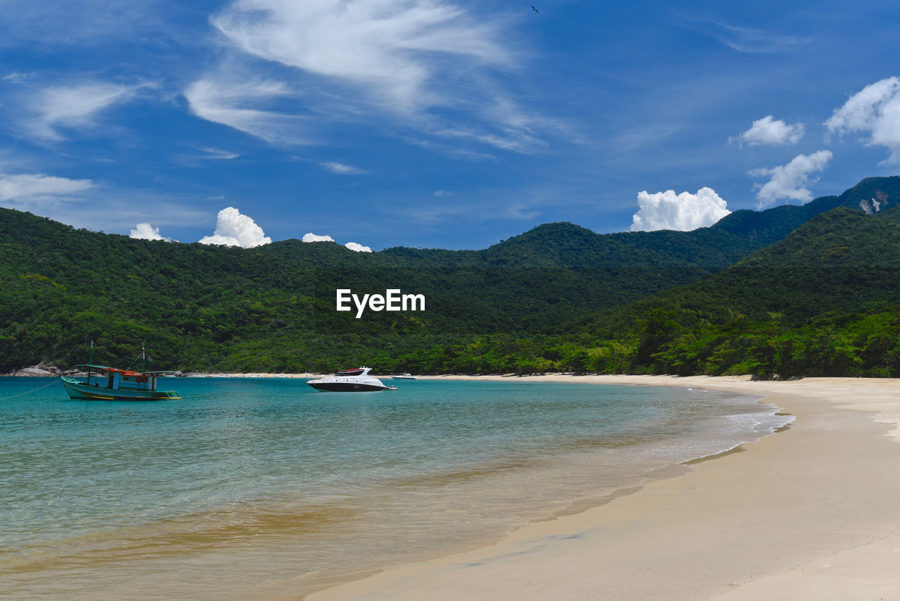 SCENIC VIEW OF SEA AGAINST MOUNTAINS