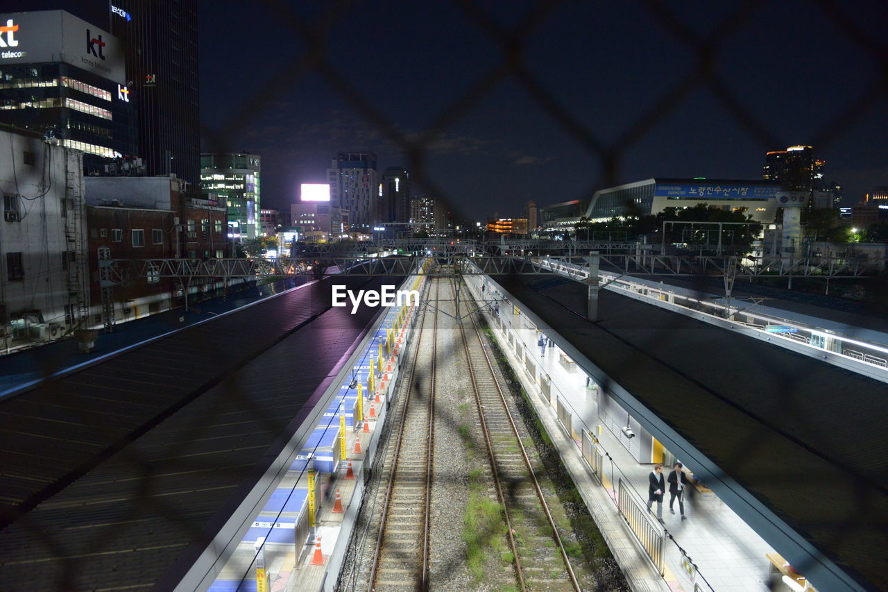 High angle view of railroad tracks at night in seoul