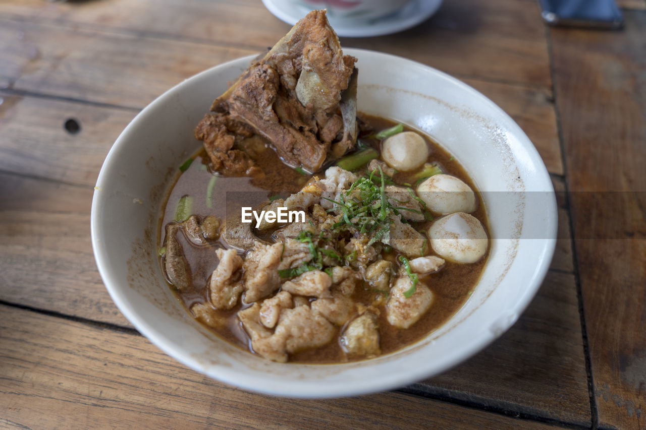 High angle view of soup in bowl on table