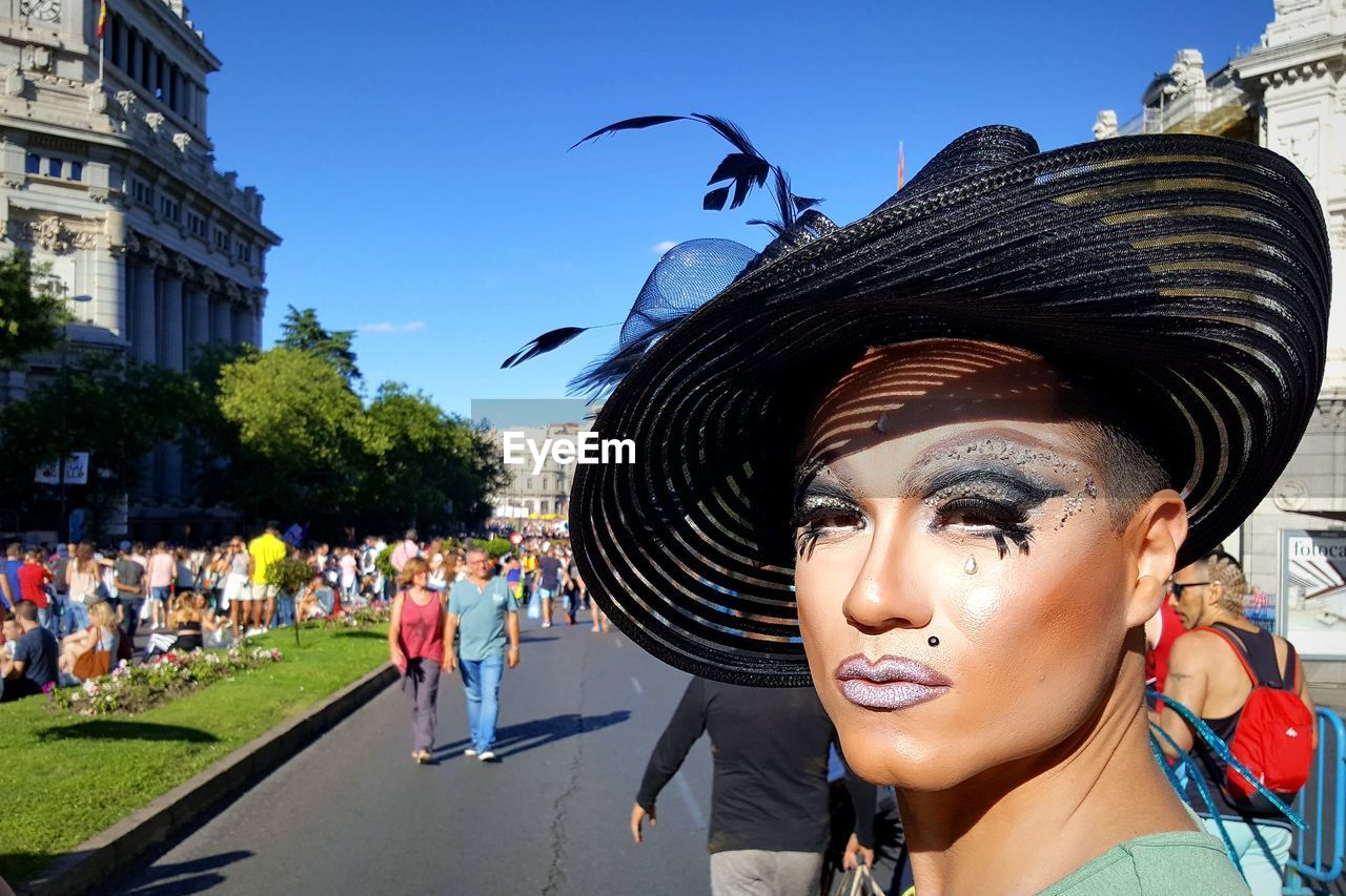 Portrait of drag queen at city street