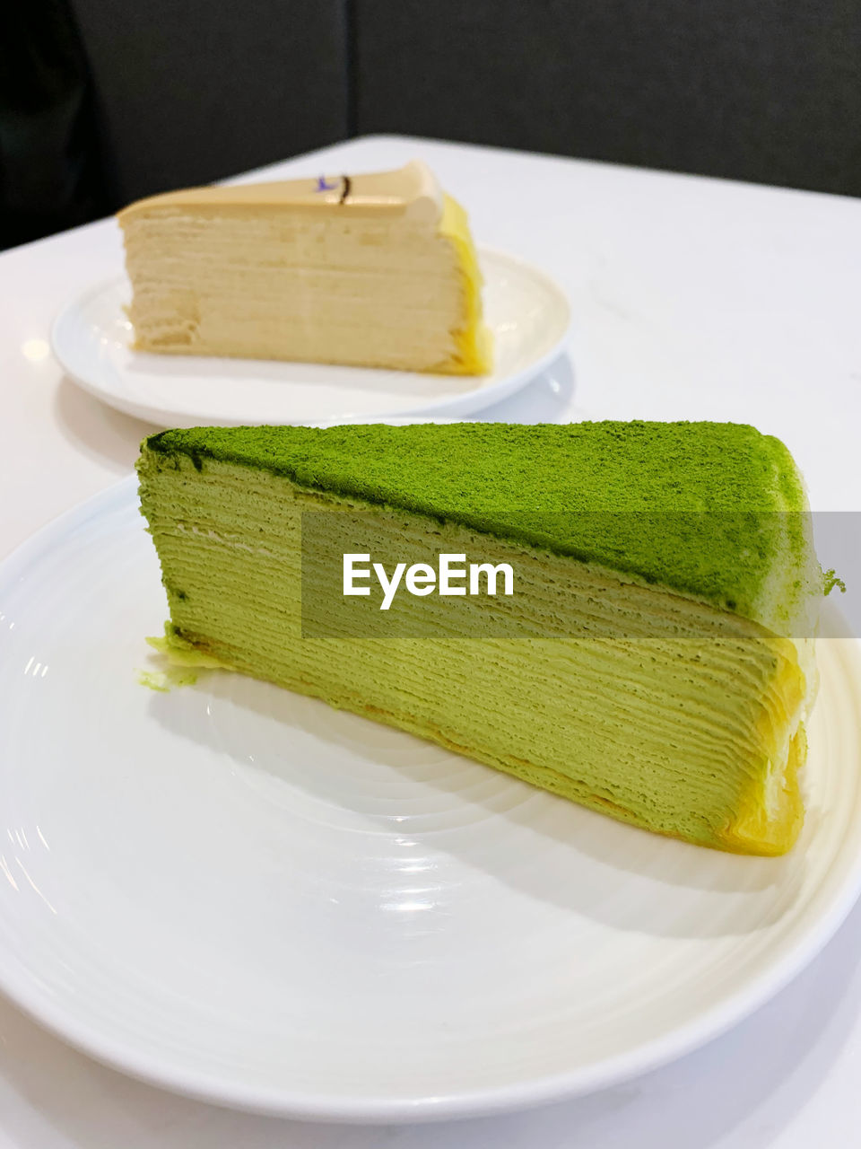 High angle view of cake in plate on table