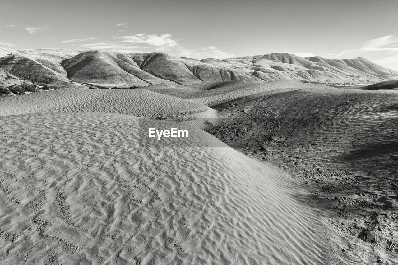 Sand dunes in desert against sky