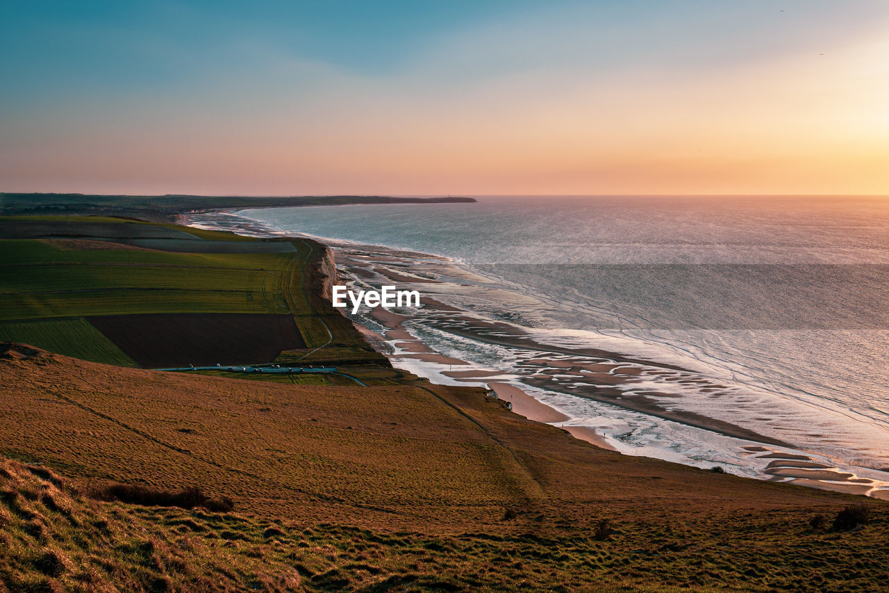 Elevated view from cap blanc nez towards cap gris-nez at the french coast just prior to sunset