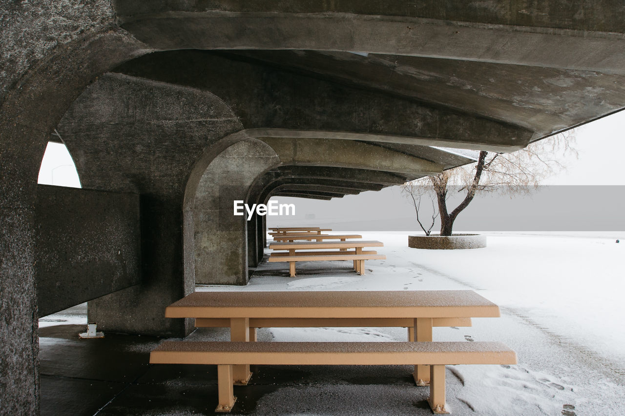 EMPTY BENCHES IN SNOW