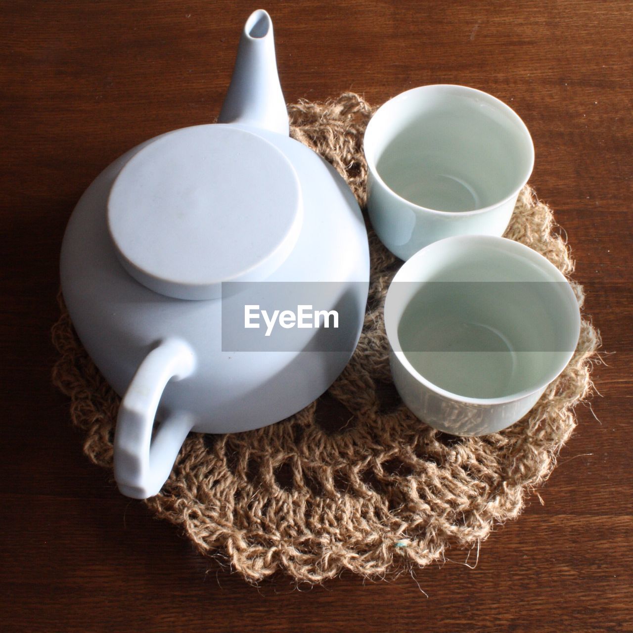 High angle view of teaset on table