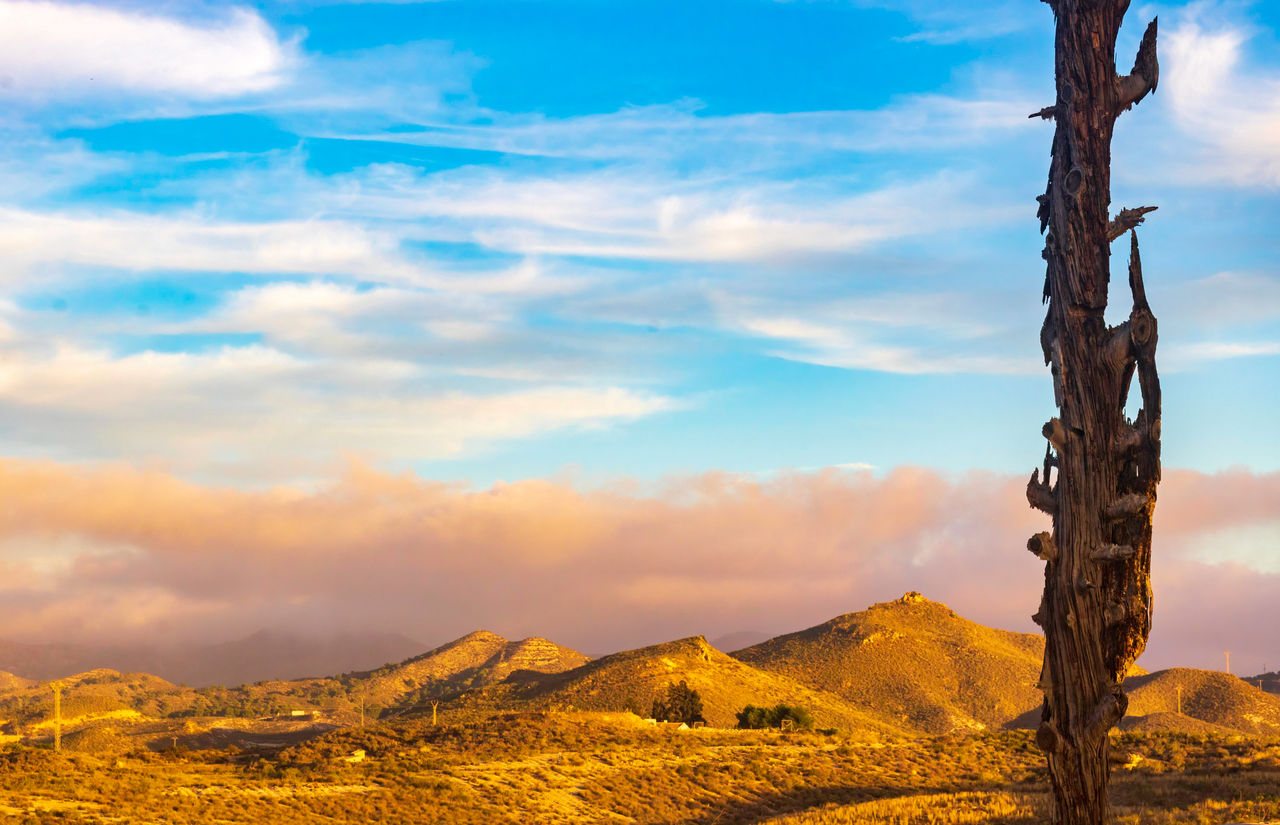 Weathered beam of a former mining derrick with mountains in the background, mazarron, spain