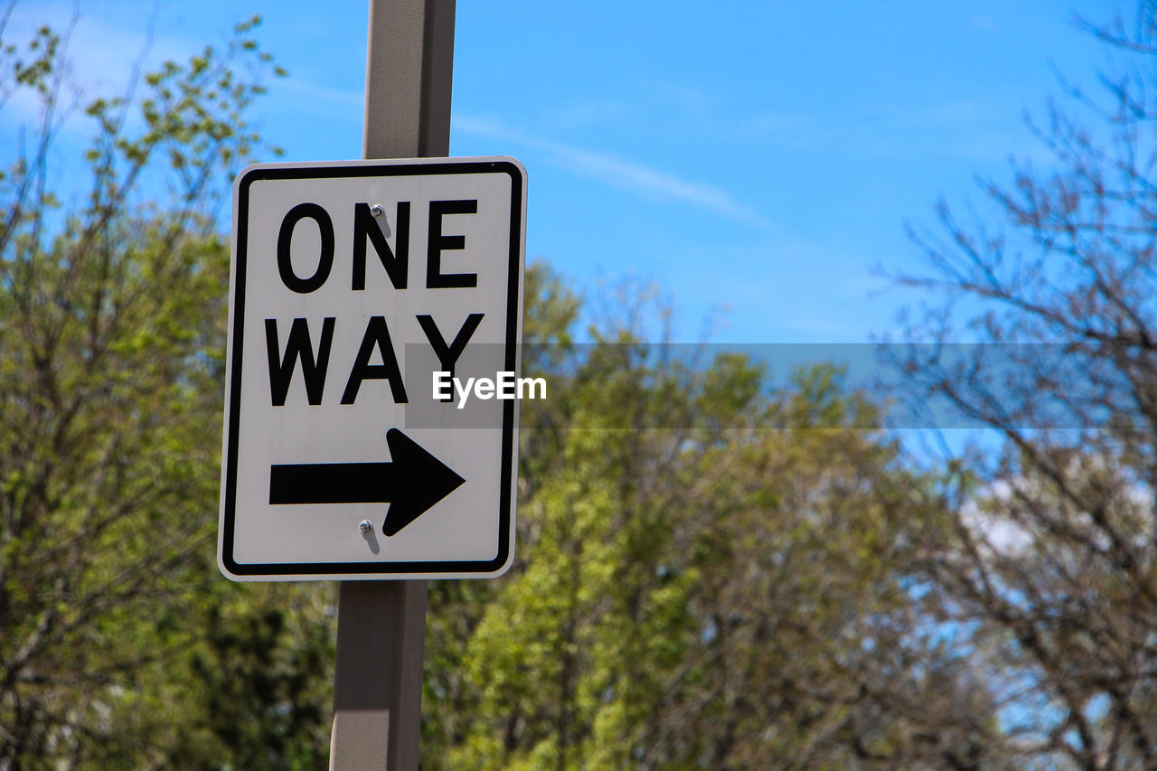 One way road sign against trees