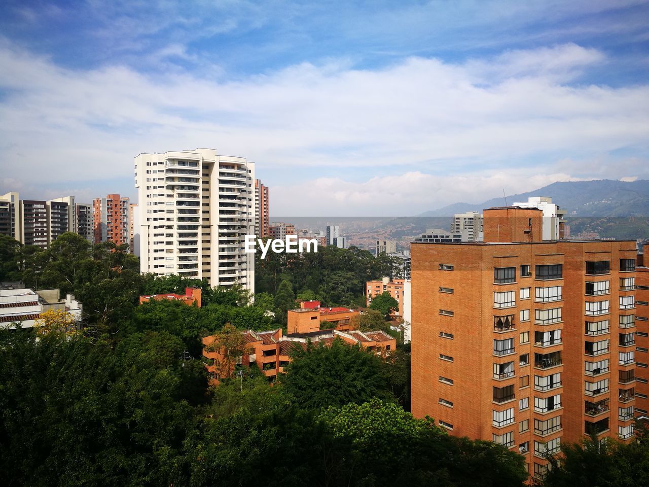 High angle view of buildings against sky