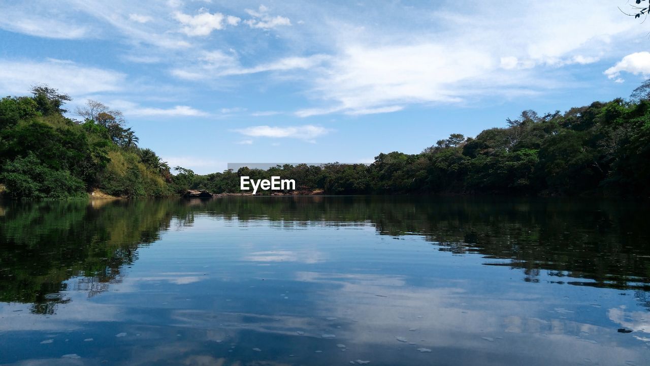 REFLECTION OF TREES IN LAKE AGAINST SKY