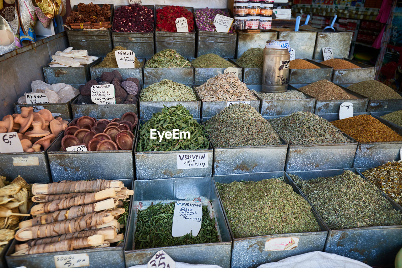 A variation of dried teas, herbs and spices outside a market stall in fez, morocco