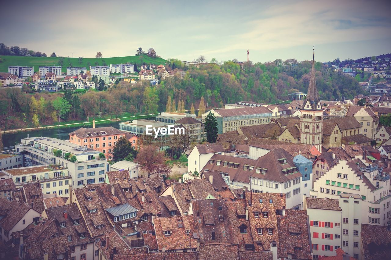 high angle view of buildings in city