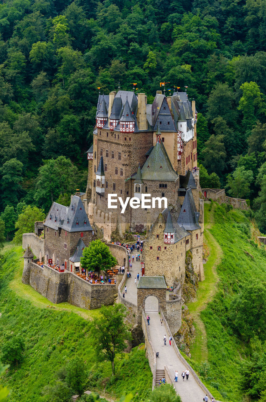 High angle view of tourists in eltz castle