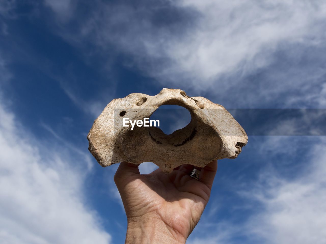 Low angle view of human hand holding rock against sky