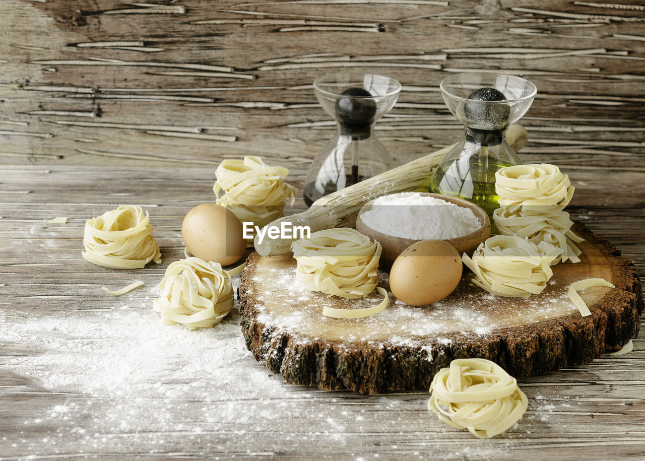 HIGH ANGLE VIEW OF CAKE ON TABLE AGAINST WALL