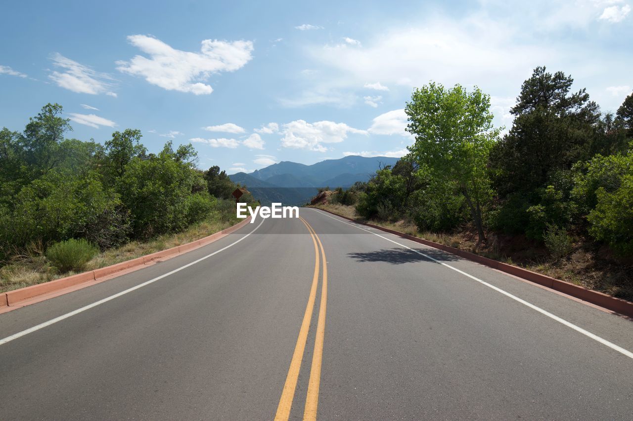 Empty road along trees and plants against sky