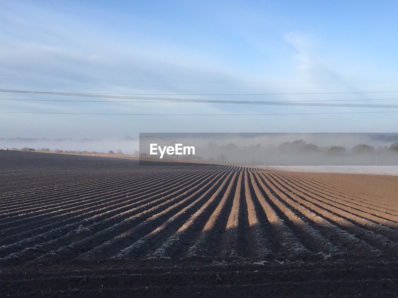 Scenic view of plowed field against sky