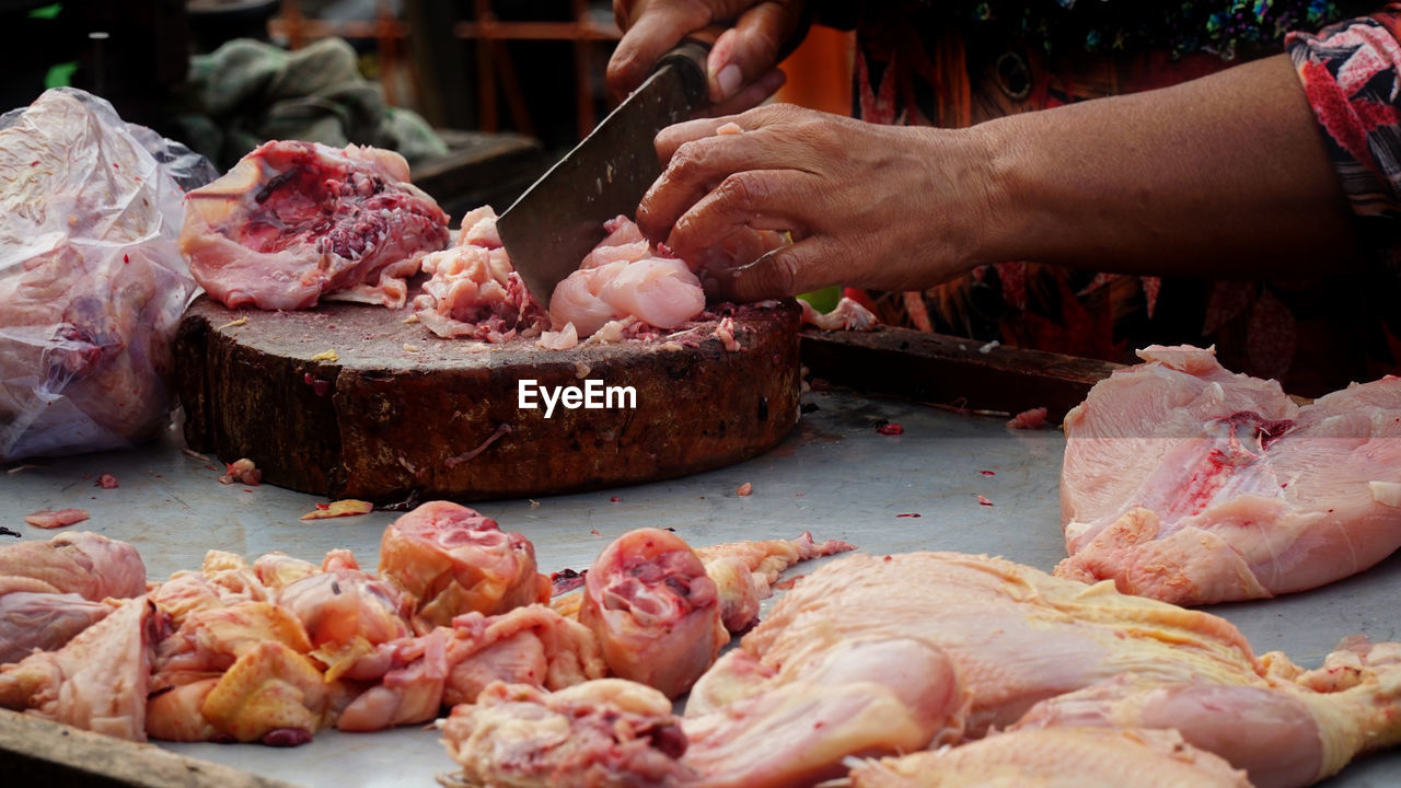 CLOSE-UP OF HAND HOLDING MEAT