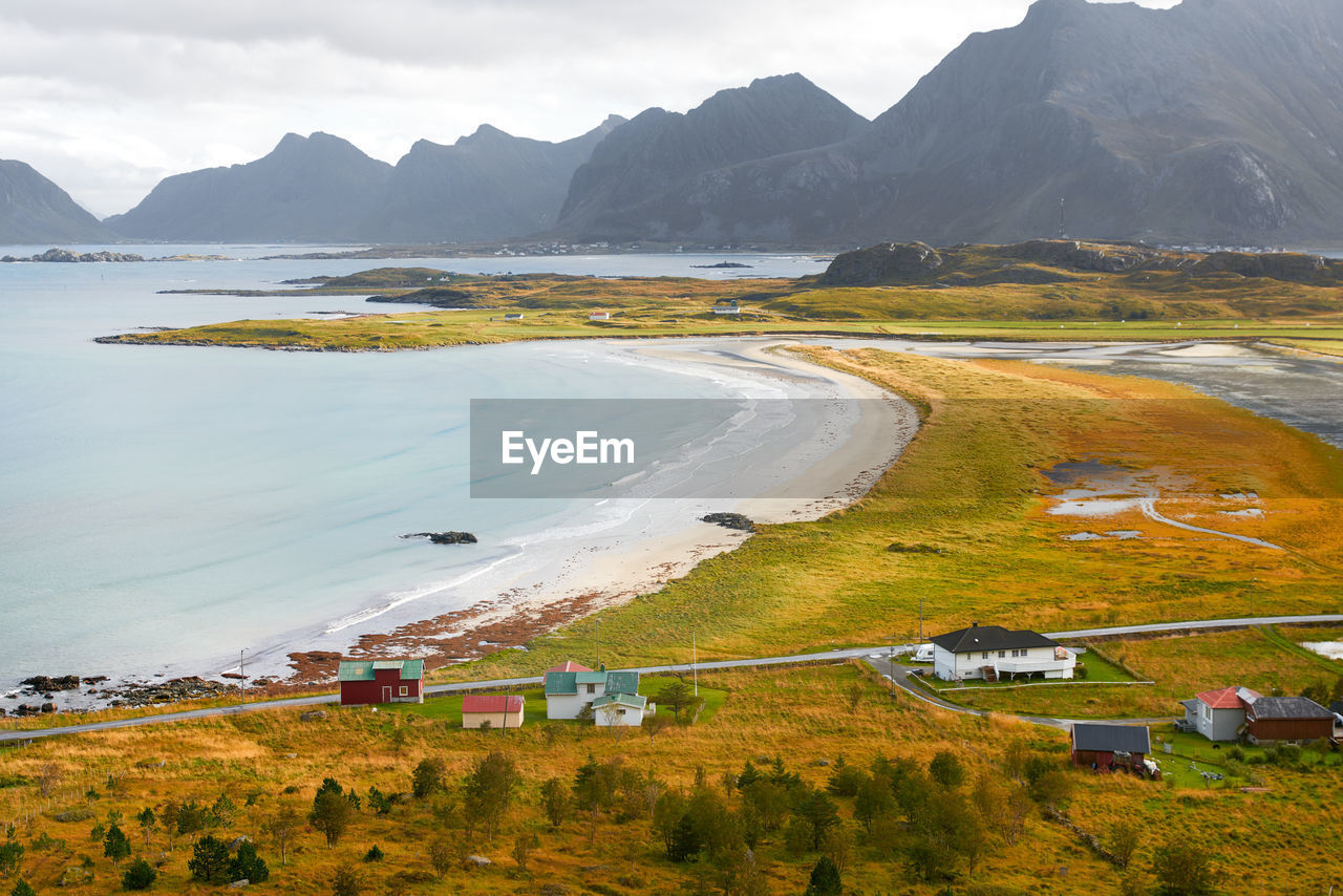 Panoramic view from mountain top over beach and countryside at coast in moskenesoya lofoten norway