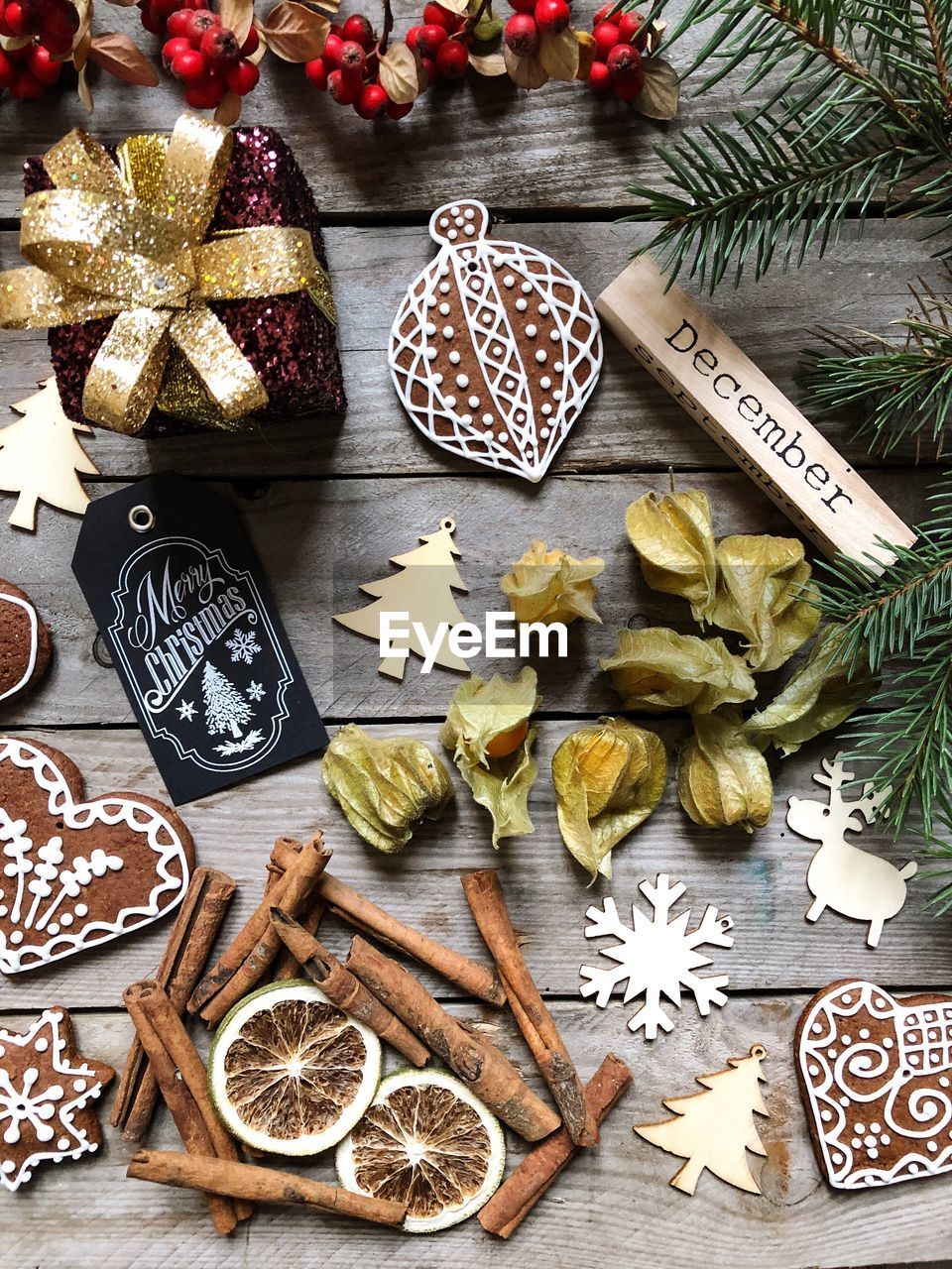 High angle view of christmas decorations on table