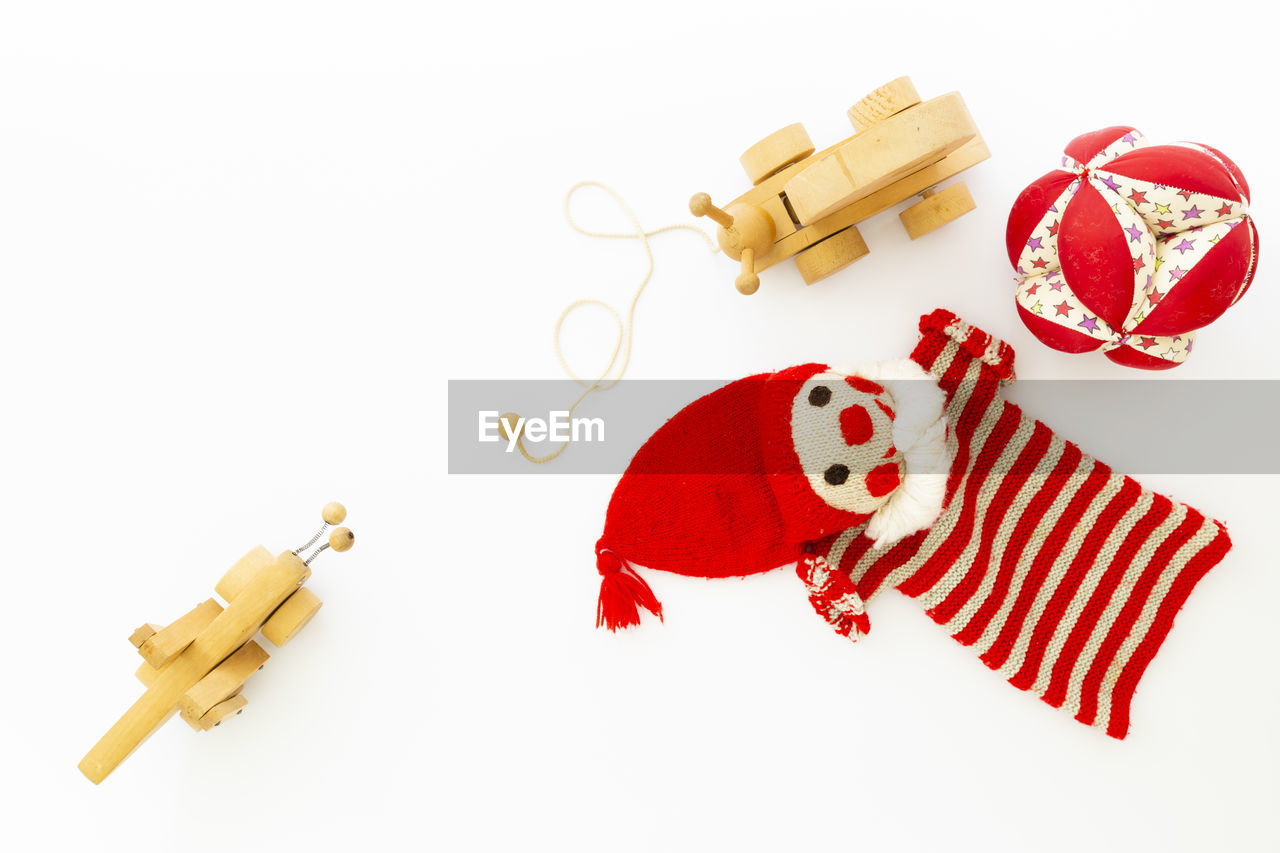 High angle view of christmas decorations on white background