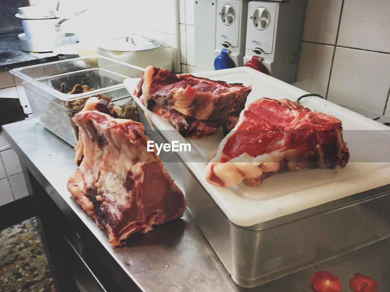 High angle view of beef on table in kitchen