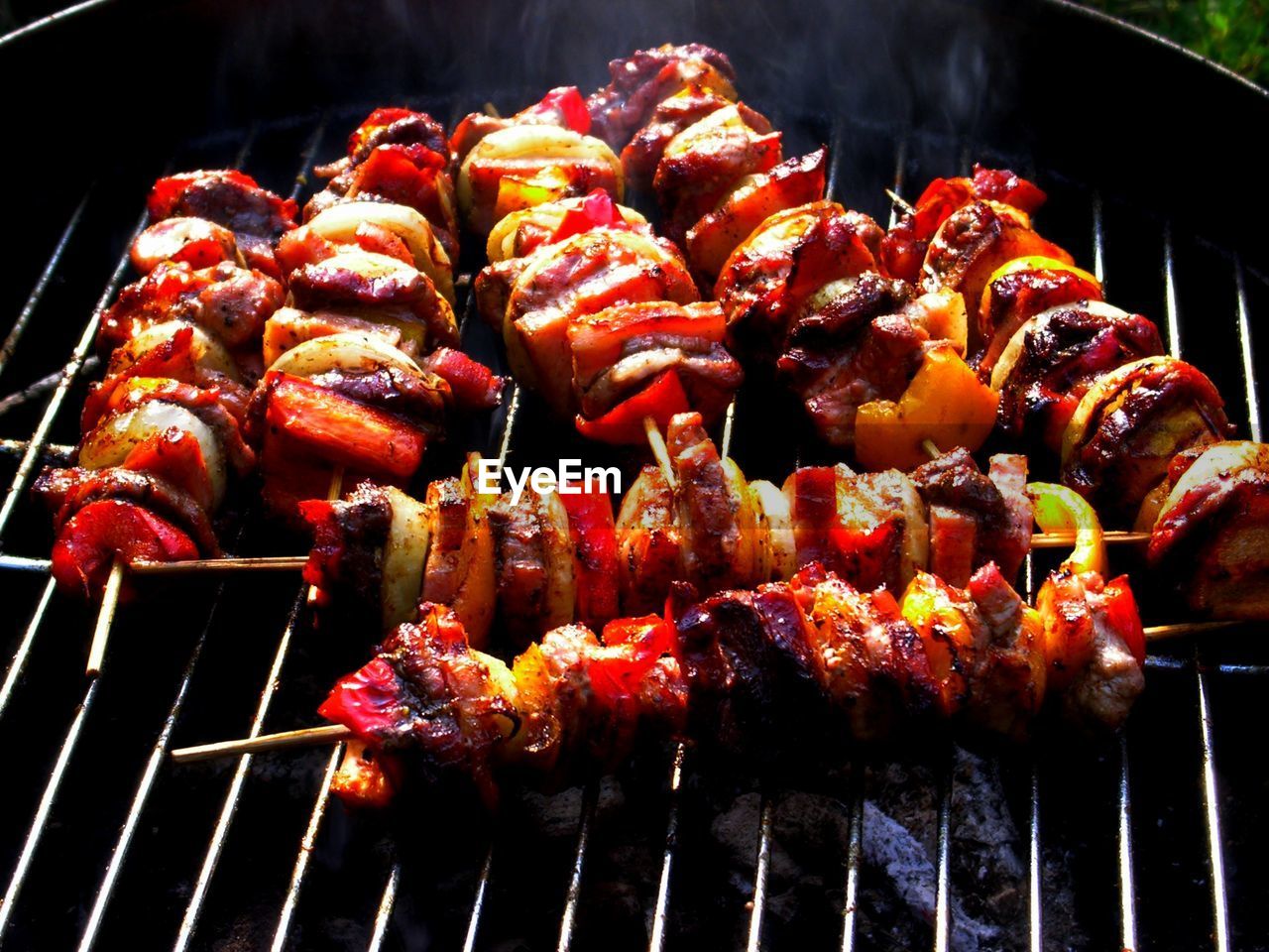 Close-up of meat on barbecue grill