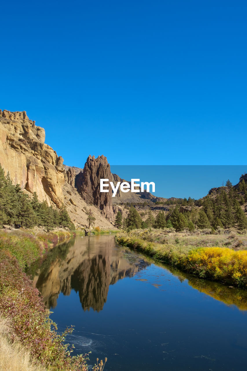 Scenic view of lake against clear blue sky