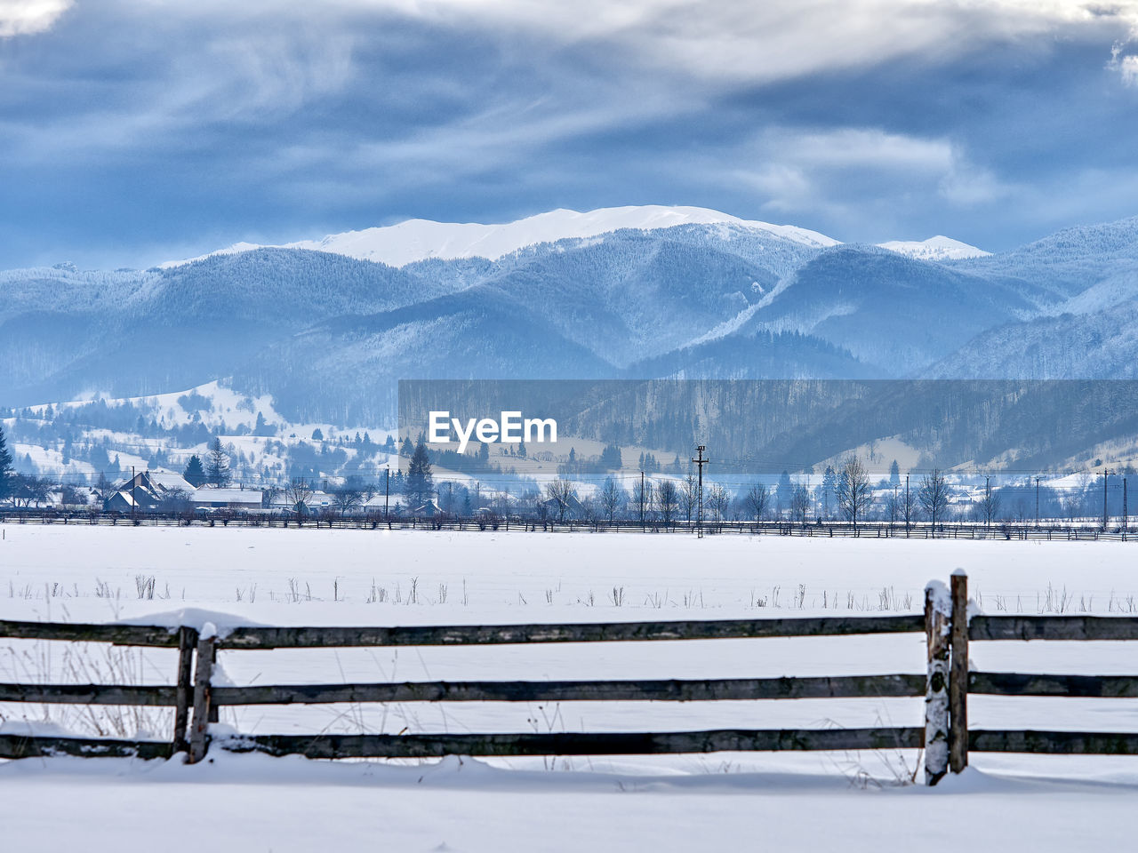 Snow covered landscape against sky