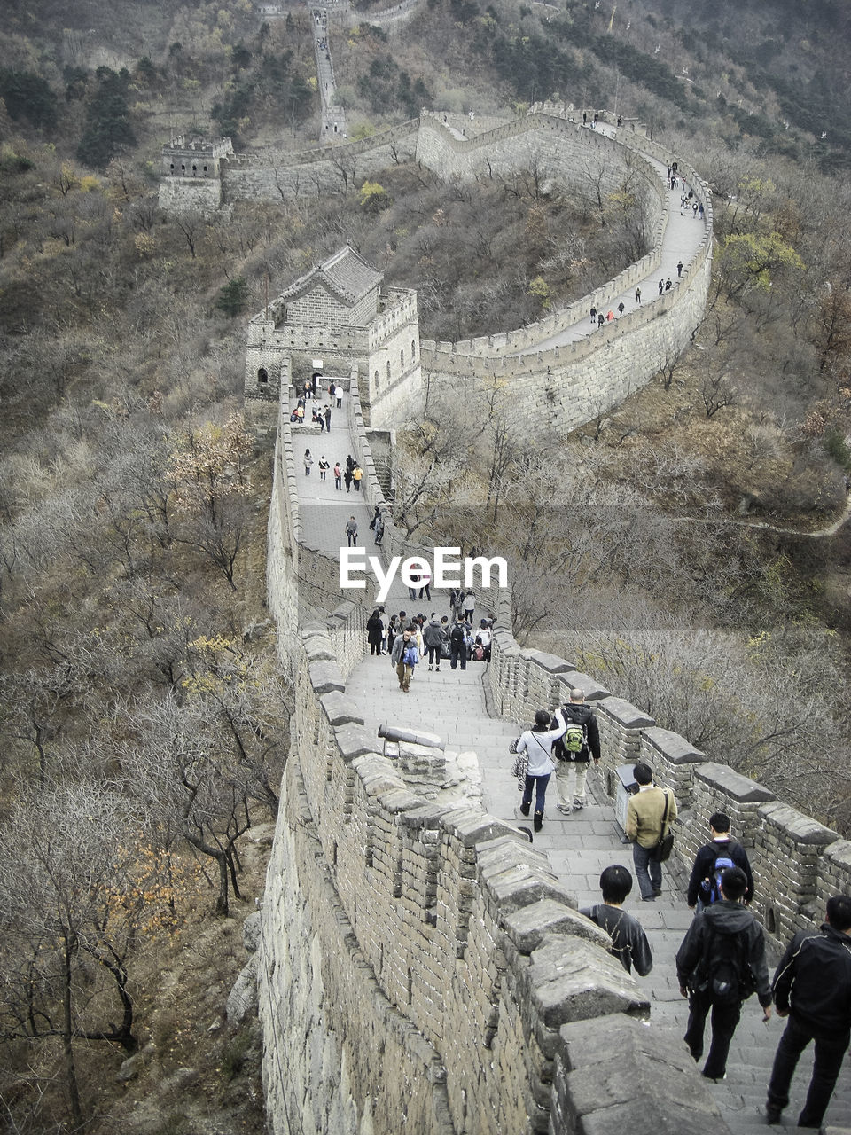 High angle view of people on great wall of china 