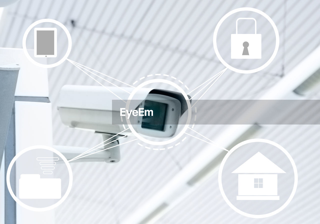 Digital composite image of security camera and various symbols