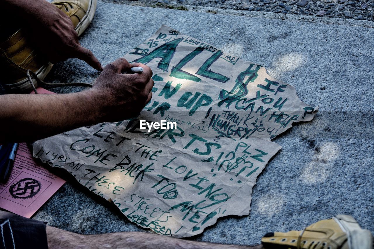 HIGH ANGLE VIEW OF MAN WORKING ON STREET IN CITY