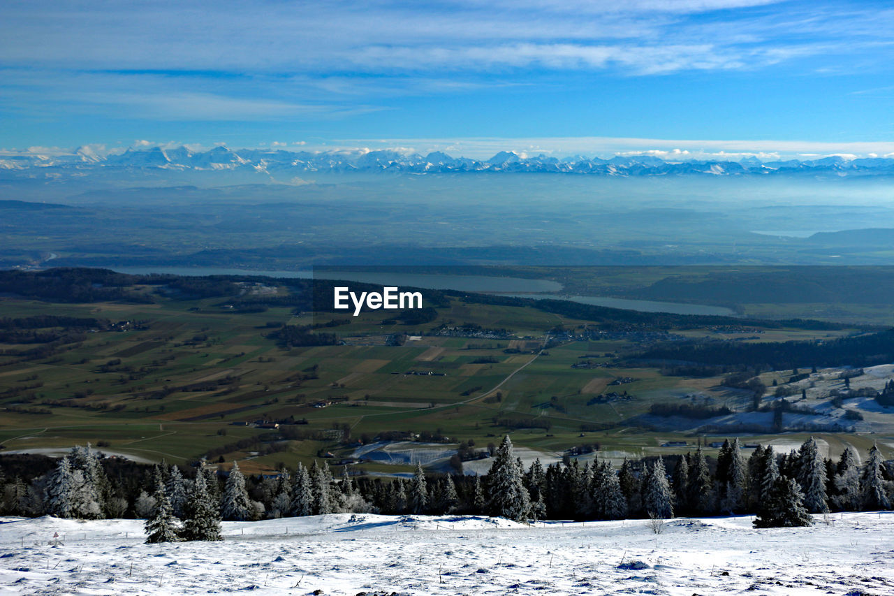 Scenic view of landscape against sky during winter