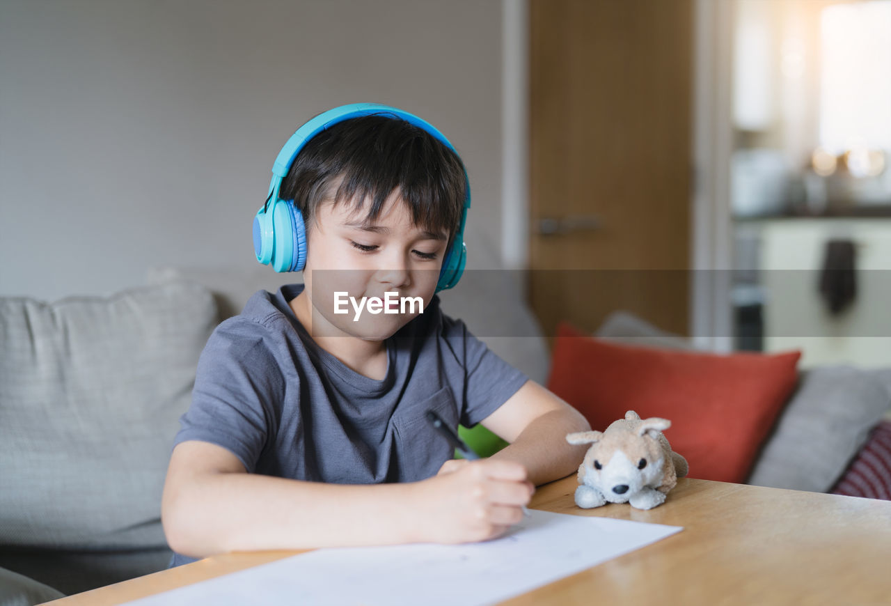 Portrait of boy playing with toy at home