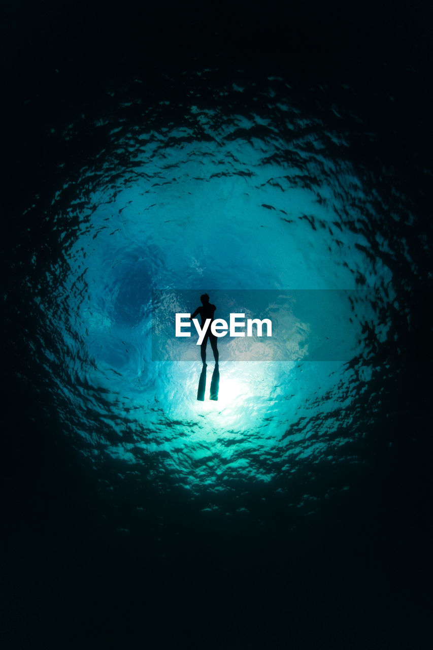 Silhouette person swimming undersea