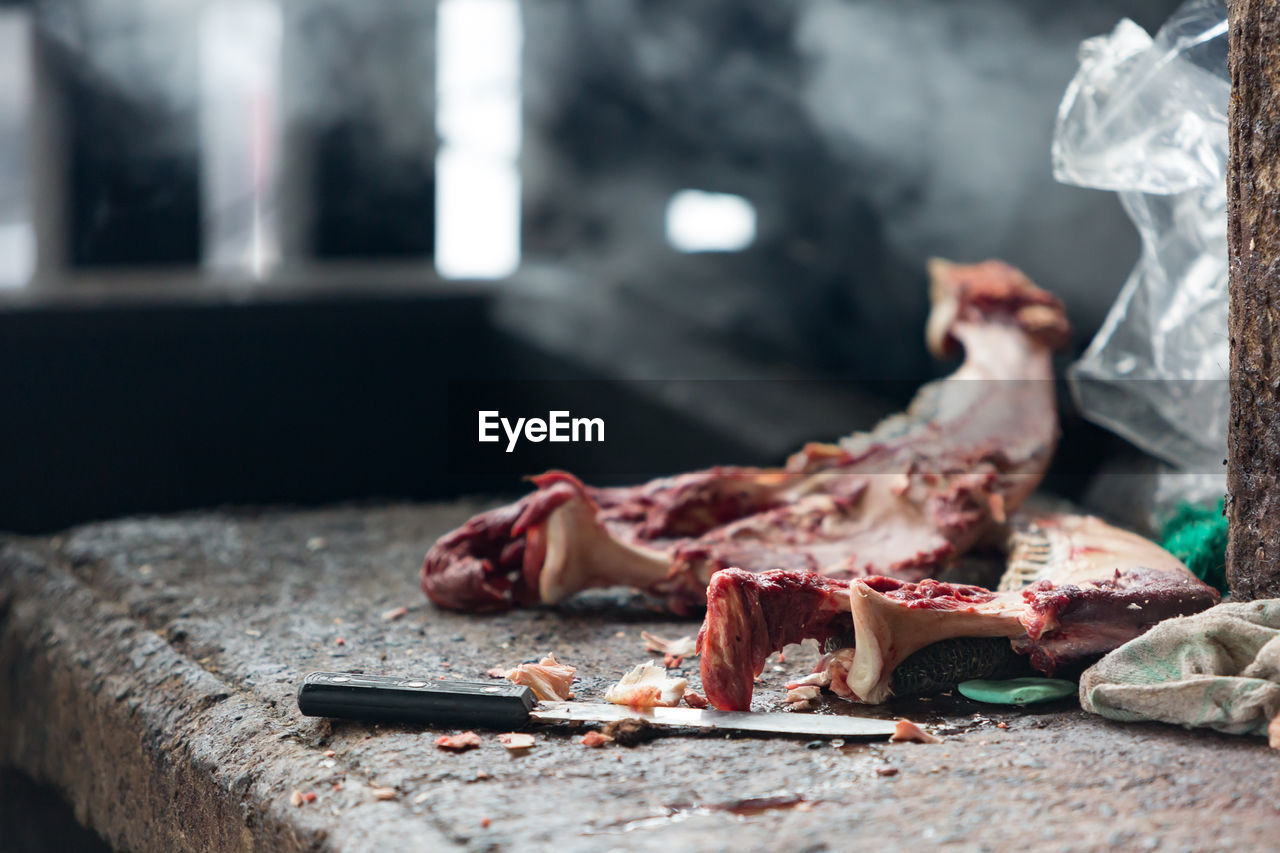 Meat and knife in butcher shop