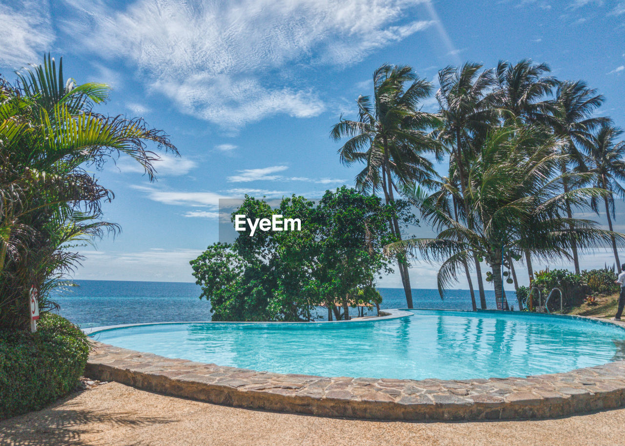 Trees by swimming pool against sky