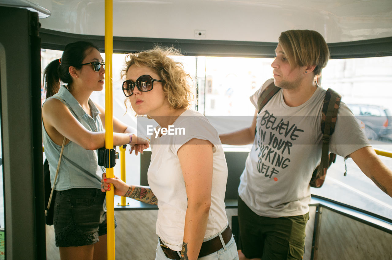 Friends traveling in bus