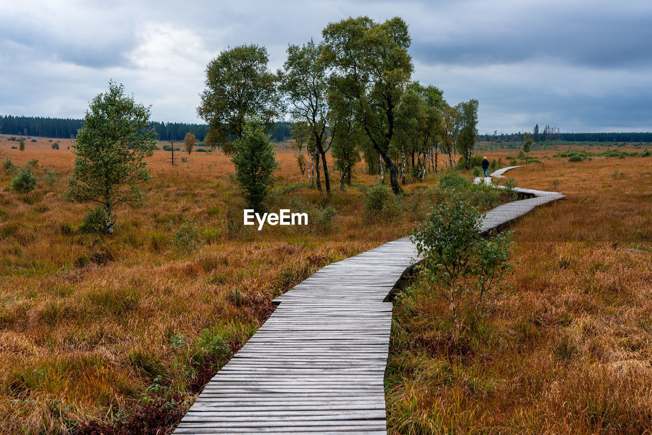 BOARDWALK ON FIELD AGAINST SKY