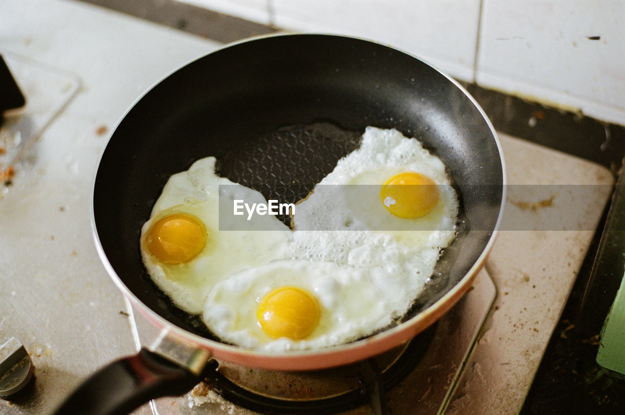 Close-up of eggs in cooking pan