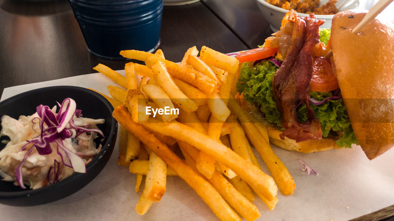 HIGH ANGLE VIEW OF MEAT AND FRIES ON PLATE