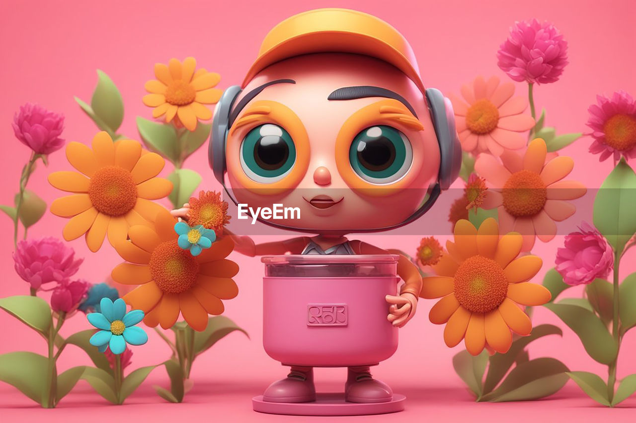 cartoon, flower, pink, plant, nature, cute, animal, flowering plant, animal themes, fun, multi colored, toy, child, childhood, mammal, beauty in nature